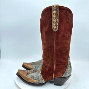 Lone Wolf Western Cowboy Boots Men’s 10B Brown Suede Studded Snip Toe Mexico